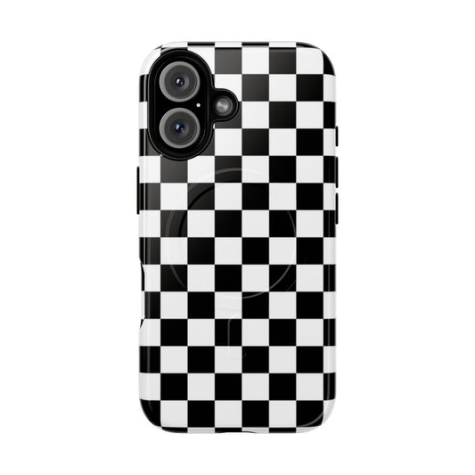 Checkered black and white phone case with a minimalist, trendy design