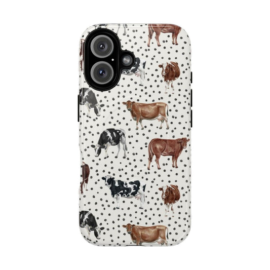 Watercolor cow and boho dot pattern design on a tough magnetic phone case