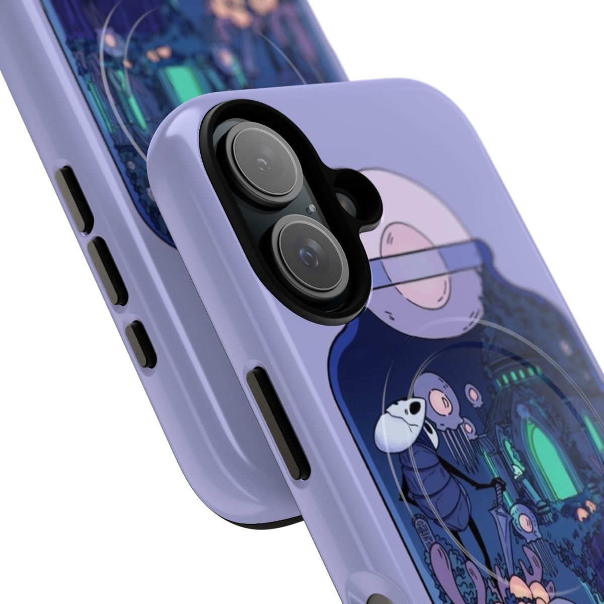 A durable phone case featuring a terrarium design with Quirrel from the video game Hollow Knight. - Detail