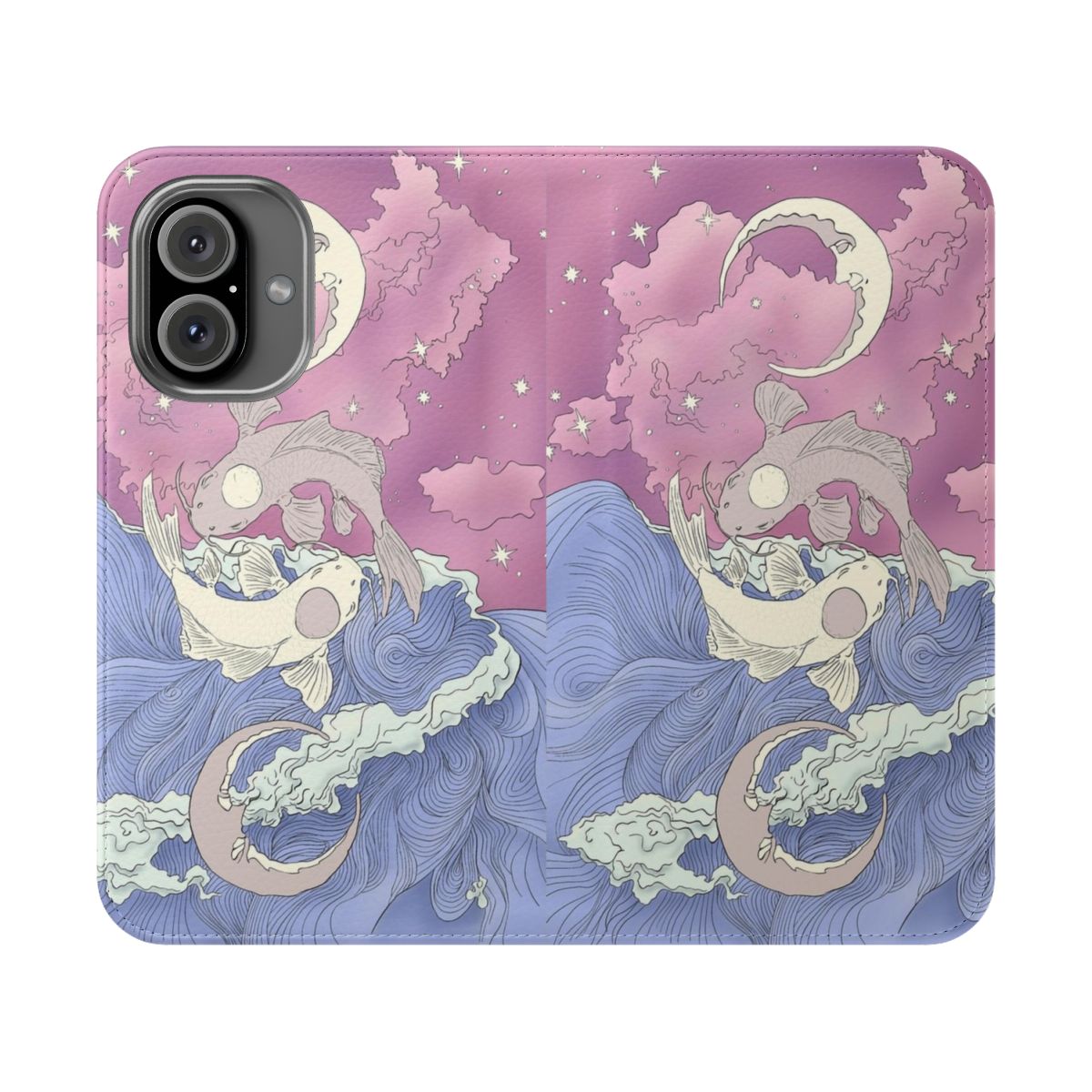 Flip phone case featuring art nouveau-inspired design of Tui and La, the moon and ocean spirits from Avatar: The Last Airbender and Avatar: Korra