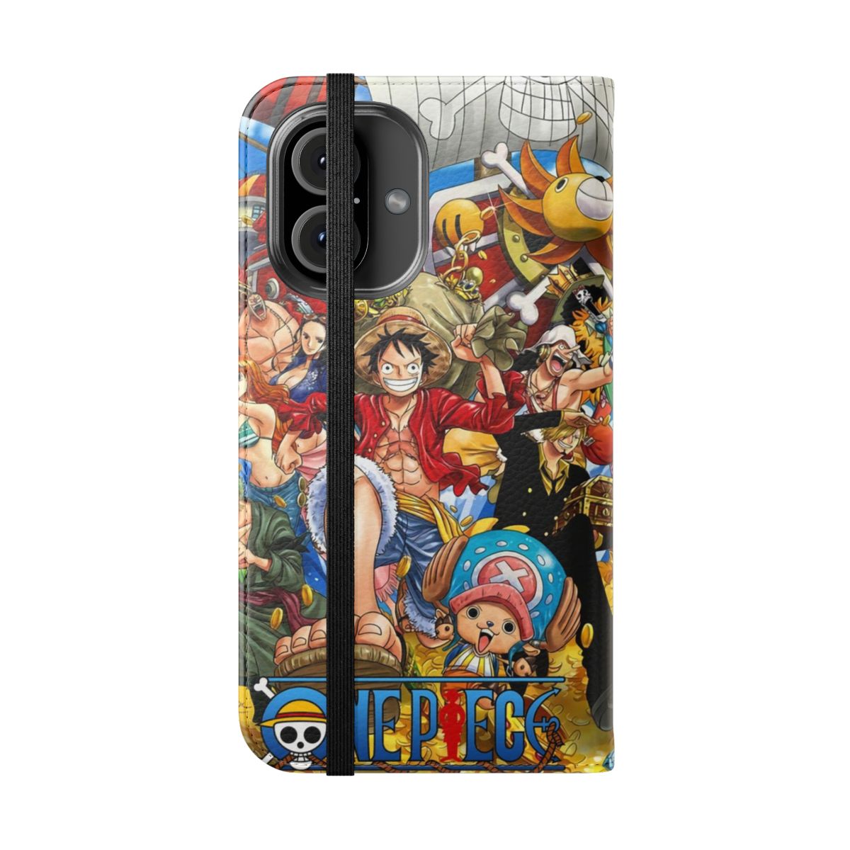 One Piece themed flip cover phone case with various characters - Folded Front