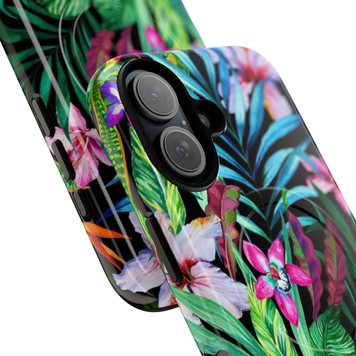 Tropical floral pattern phone case with magnetic closure and durable protection - Detail