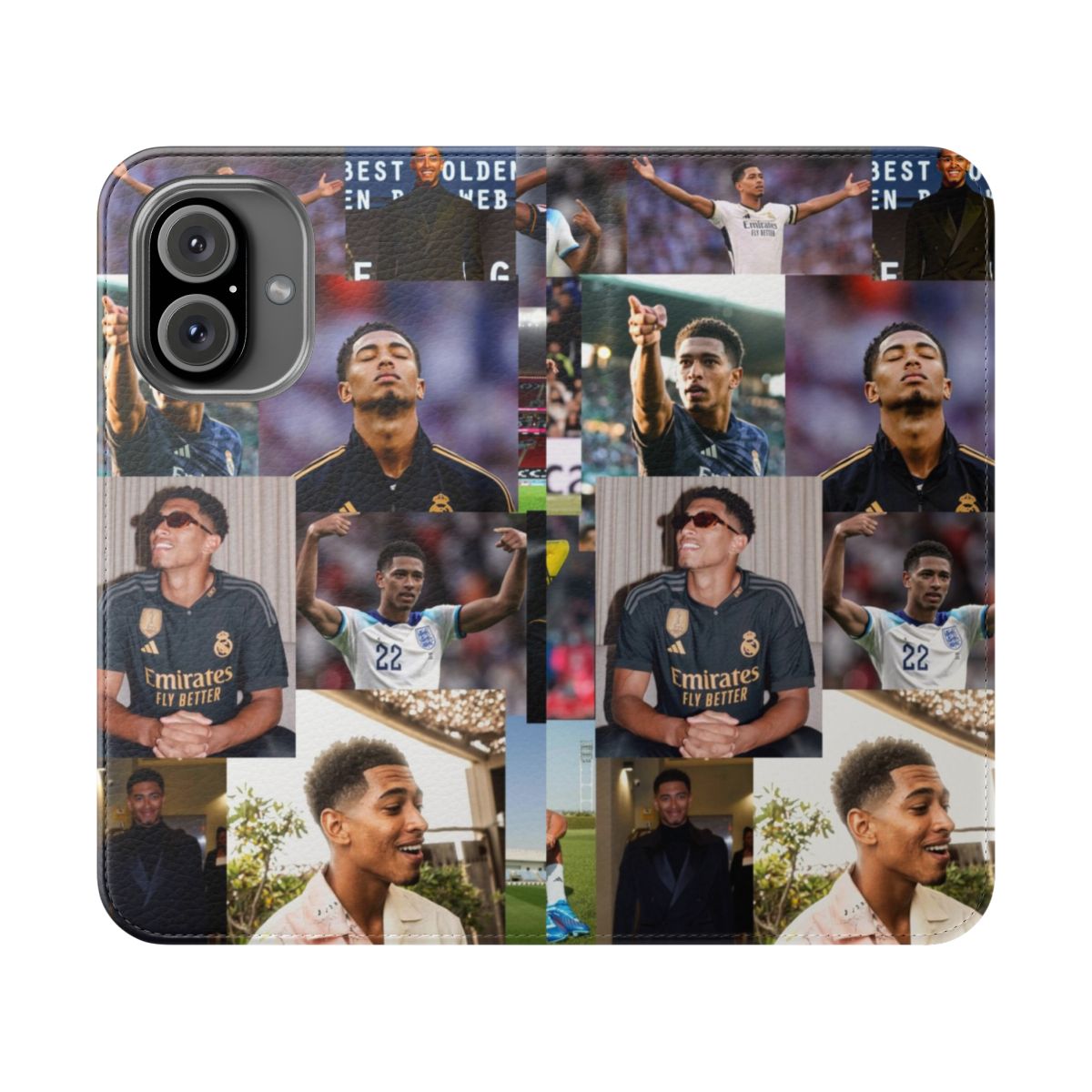 Artistic collage phone case featuring images of soccer player Jude Bellingham