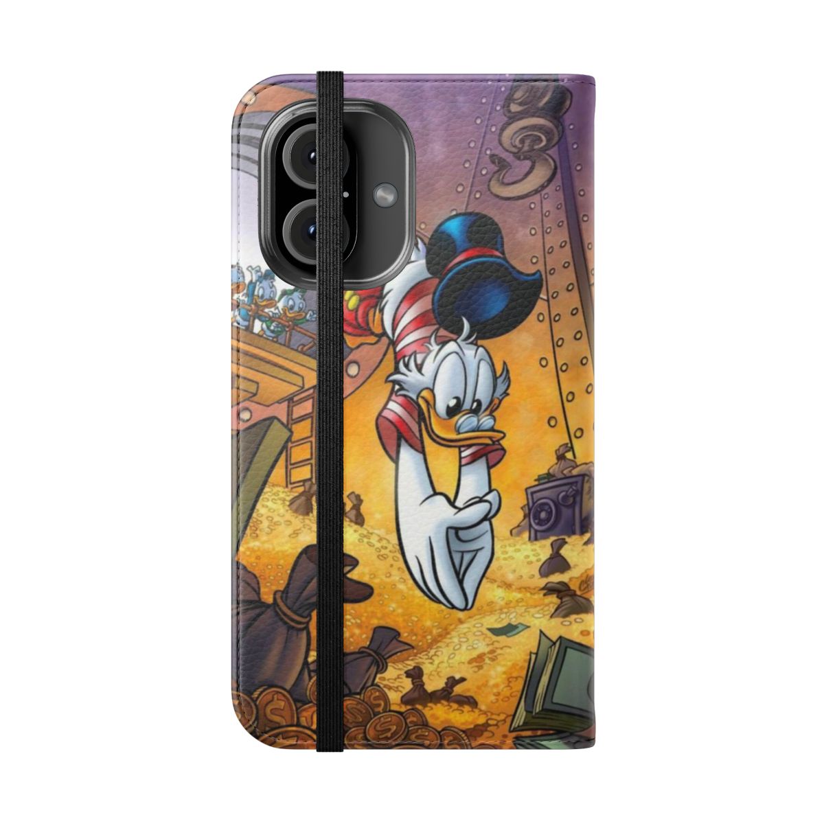 Scrooge McDuck themed flip phone case with cash and money design - Folded Front