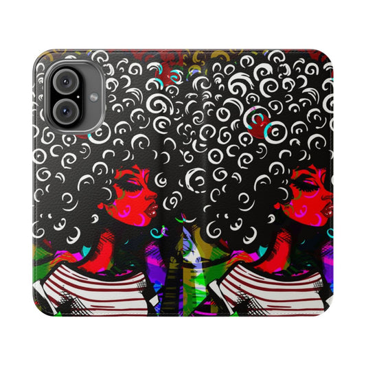 Vibrant vintage-style portrait of a woman on an apple phone flip cover case.