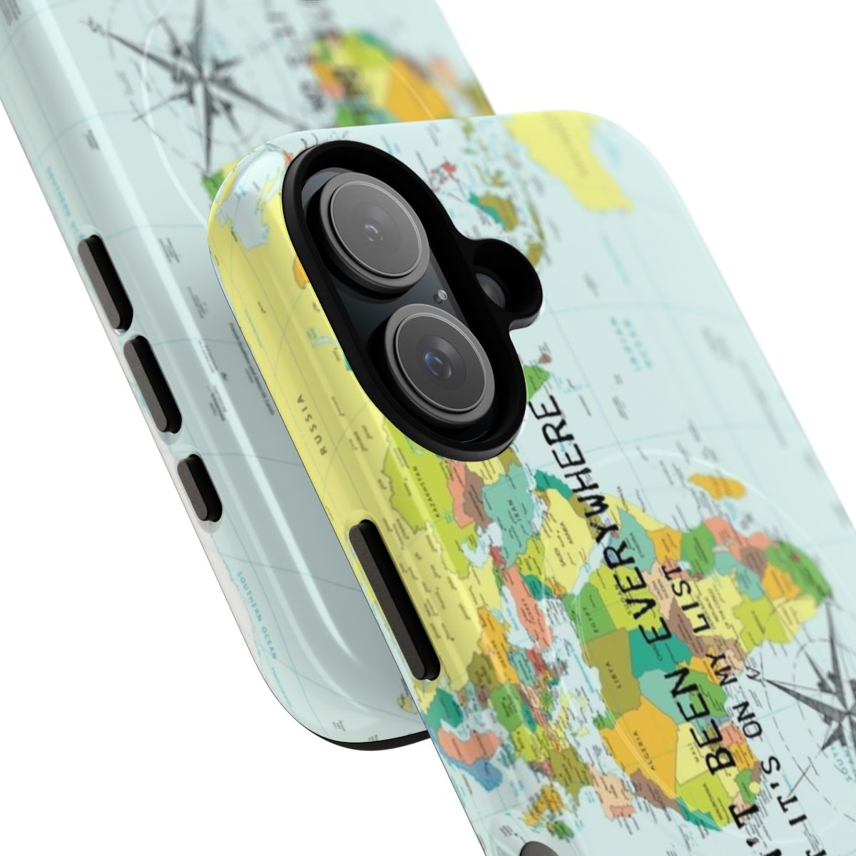 A phone case with the quote "I haven't been everywhere but it's on my list" and a world map design. - Detail