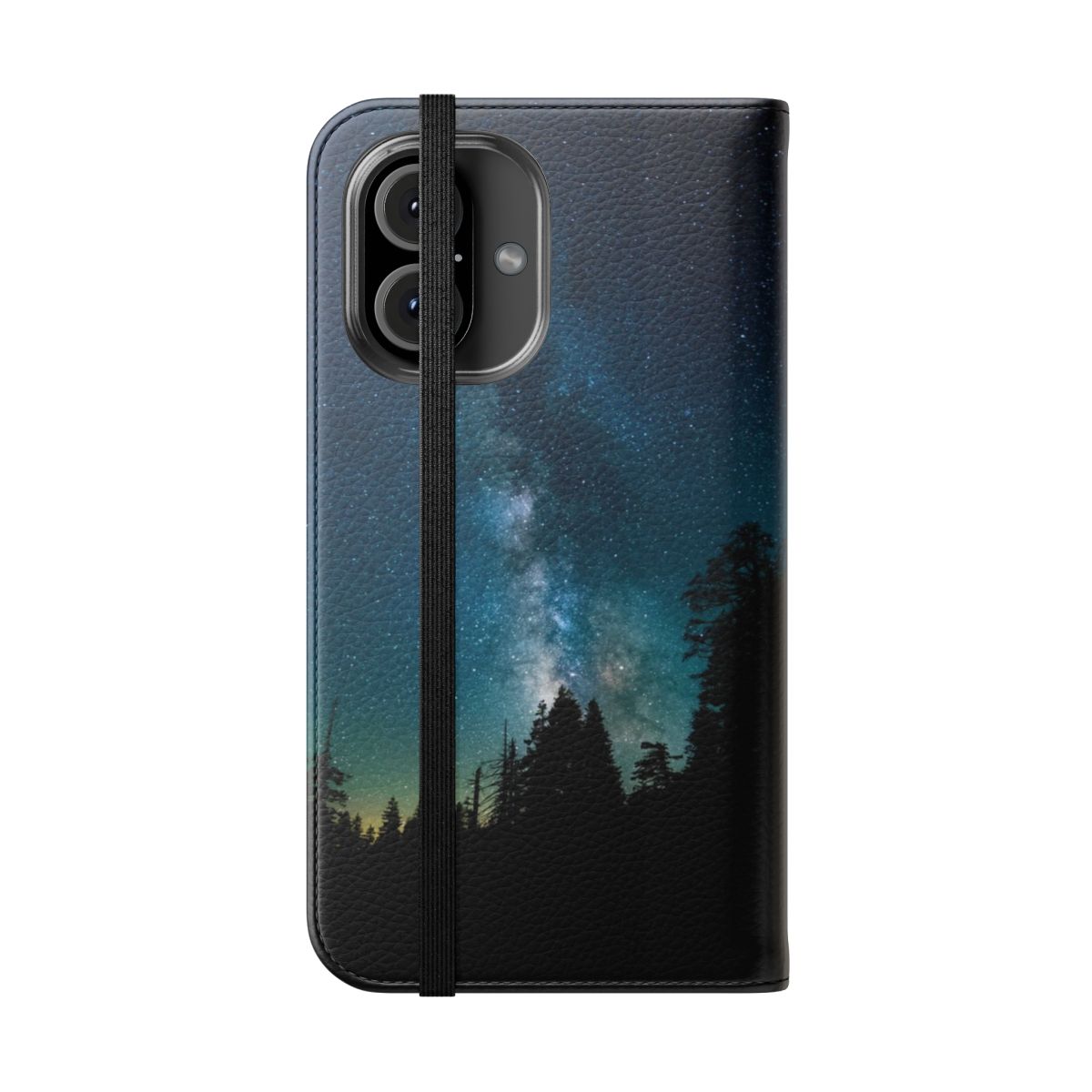 Flip cover phone case featuring a dreamy night sky landscape with a full moon, clouds, and stars. - Folded Front