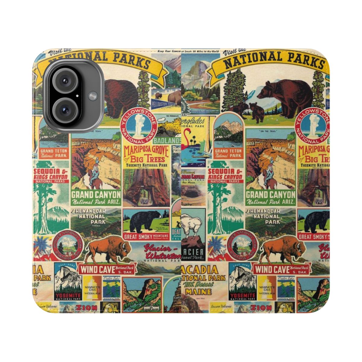 A flip cover phone case showcasing stunning landscapes and wildlife from national parks across the United States.