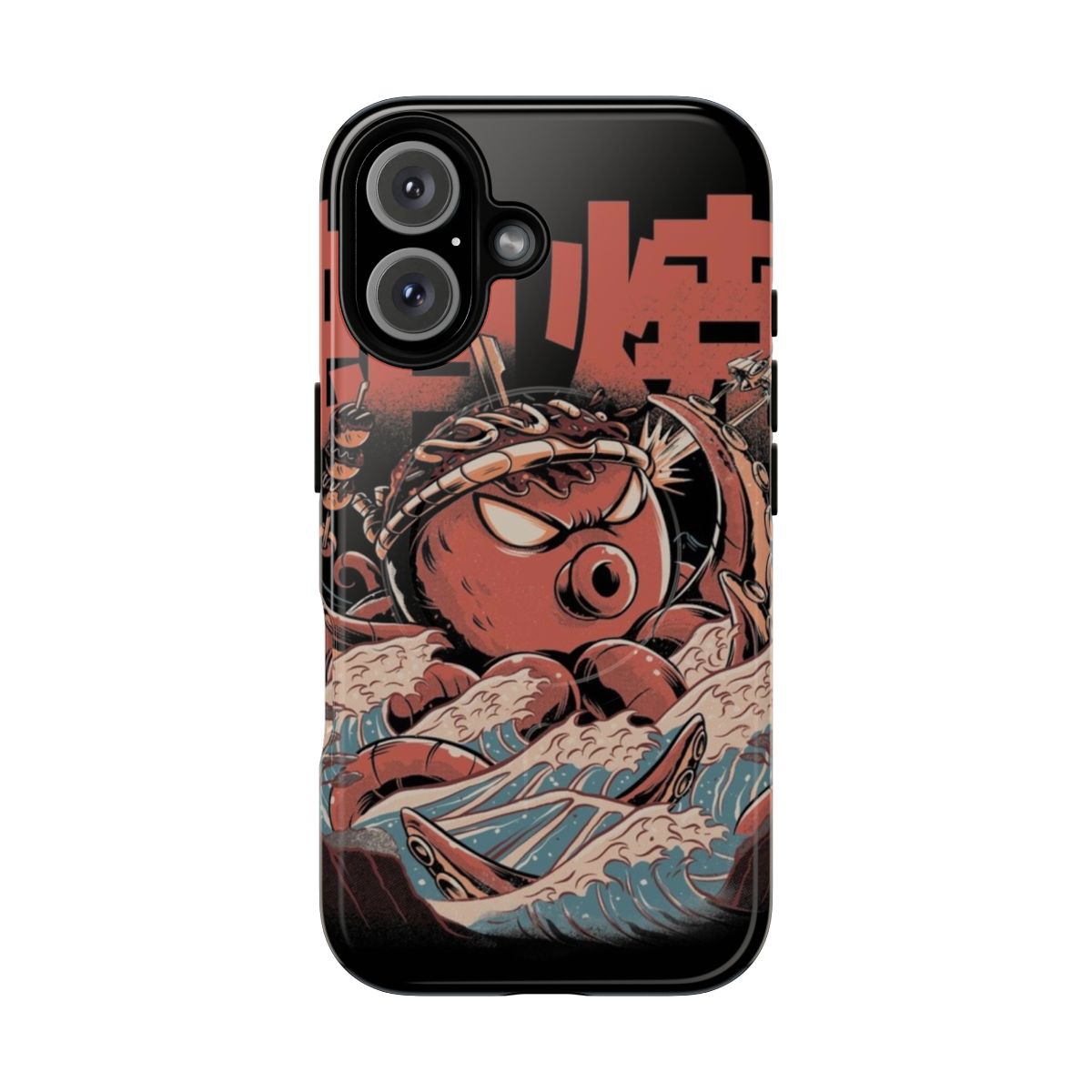 Vintage-style phone case featuring an illustration of takoyaki, a popular Japanese street food, with a kraken and waves in a retro manga style.