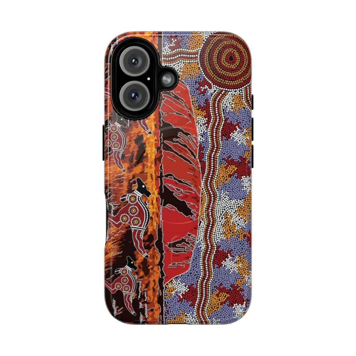 Magnetic phone case featuring authentic aboriginal dot art design of Uluru (Ayers Rock) landscape