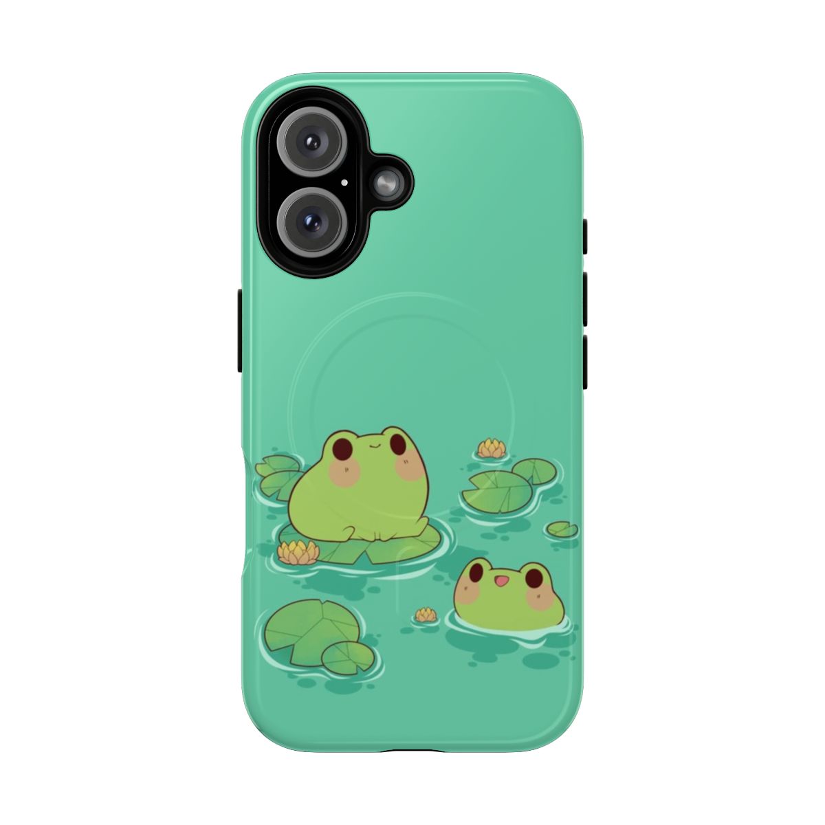 Magnetic phone case featuring a charming illustration of froggies surrounded by water lilies and lush foliage.