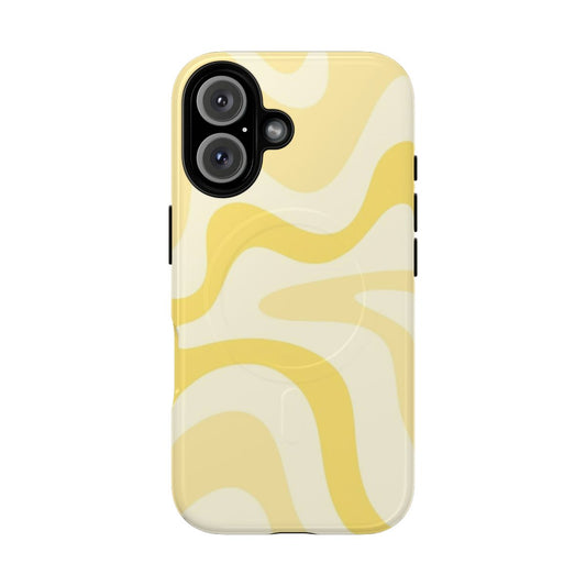 Retro abstract design with trippy liquid swirl pattern in soft pastel yellow on a square magnetic phone case