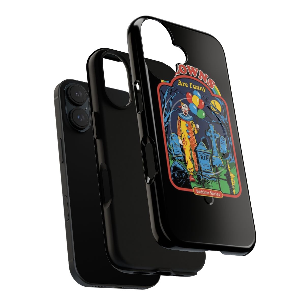 A vintage-inspired phone case featuring a creepy clown in a dark, spooky setting. - Layers