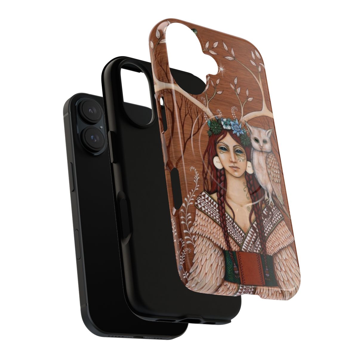 Wooden phone case with witchy, nature-inspired design featuring owls and antlers - Layers