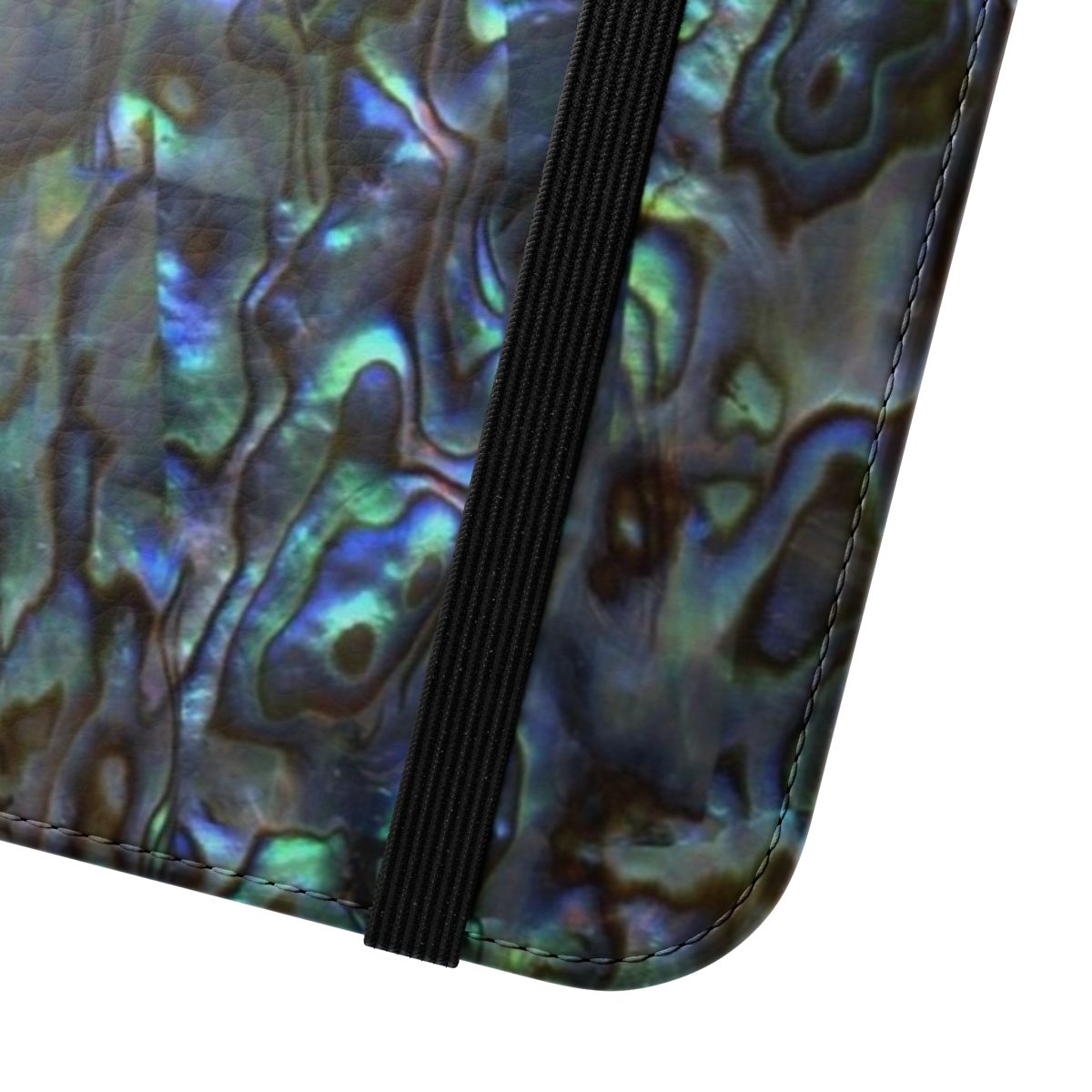 Flip cover phone case with natural paua shell and seashell patterns - Close Up