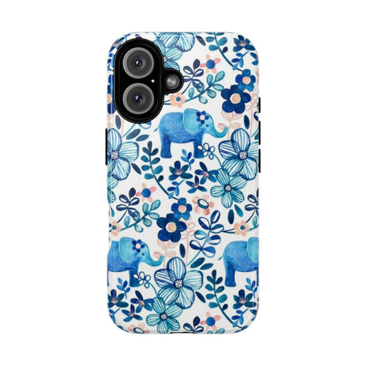 Blush pink, white and blue watercolor floral pattern phone case with a cute elephant design