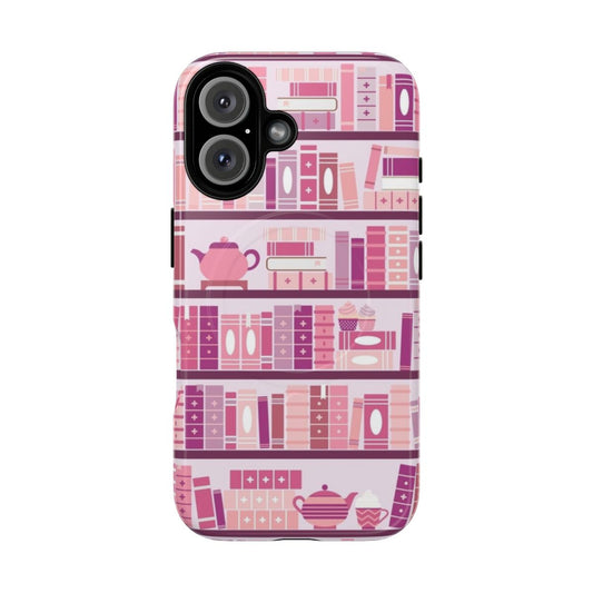 A pink and purple book pattern phone case with a romantic, girly design