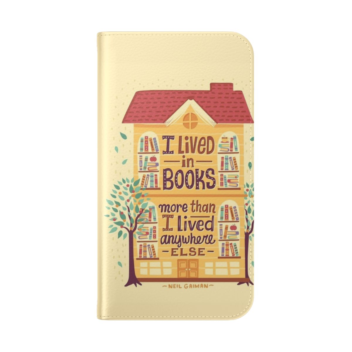 A flip cover phone case featuring a hand-lettered "Lived in books" design against a backdrop of books and bookshelves. - Folded Back