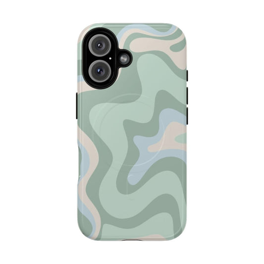 Retro abstract pattern phone case in pastel colors of celadon, mint green, baby blue, and beige.