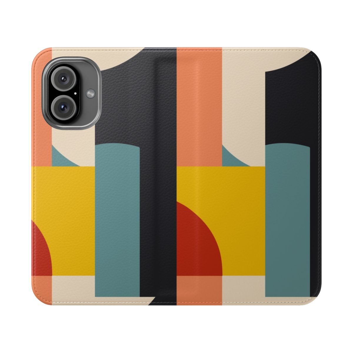 Vibrant Bauhaus-style phone case with a minimalist flip cover design