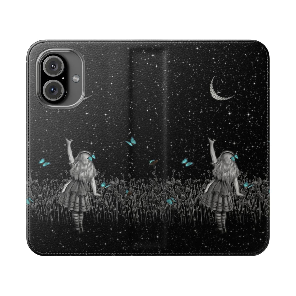 Flip cover phone case featuring a design inspired by the Starry Night and Alice in Wonderland