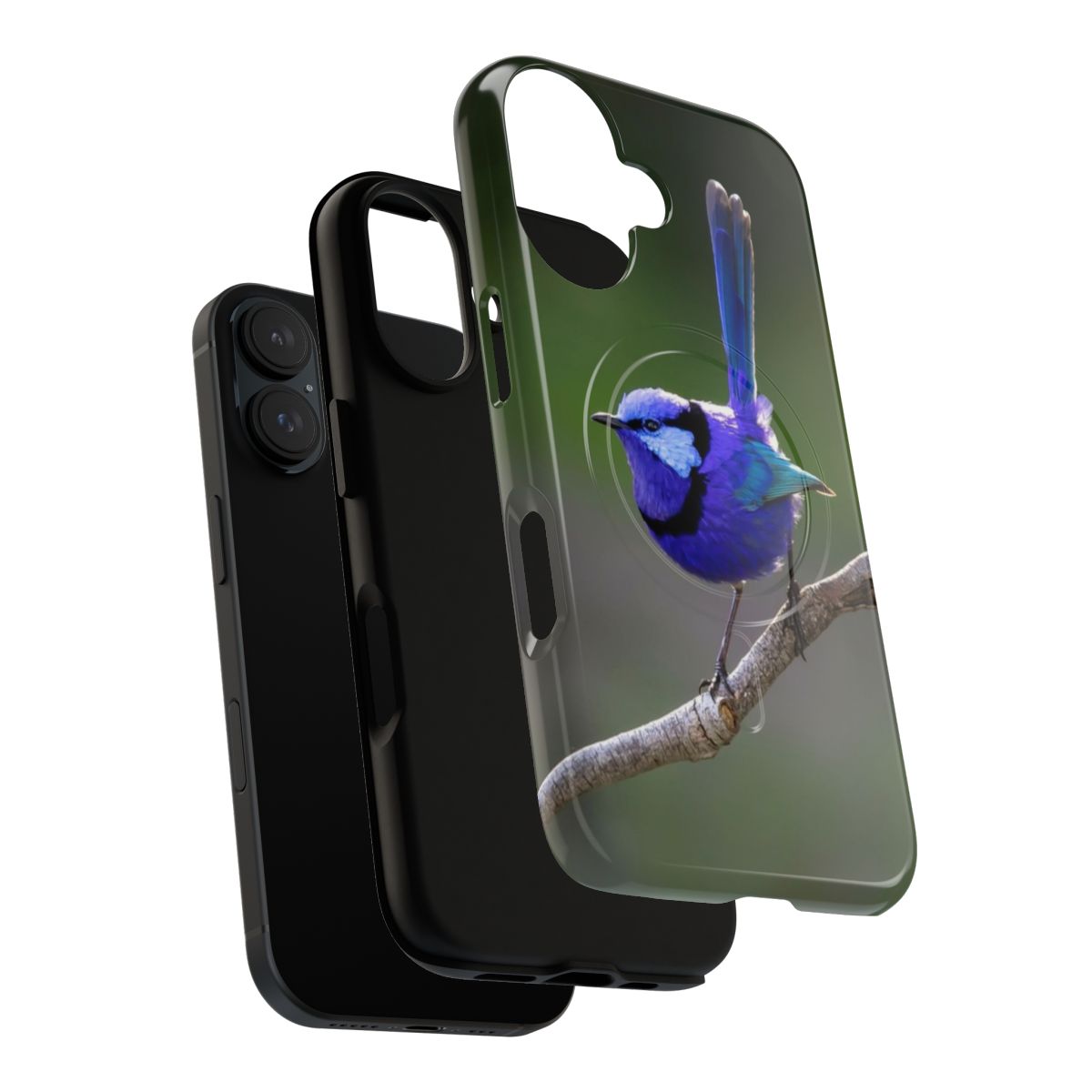 Afternoon light photo of a blue wren, or splendid fairywren, on a magnetic protective phone case - Layers