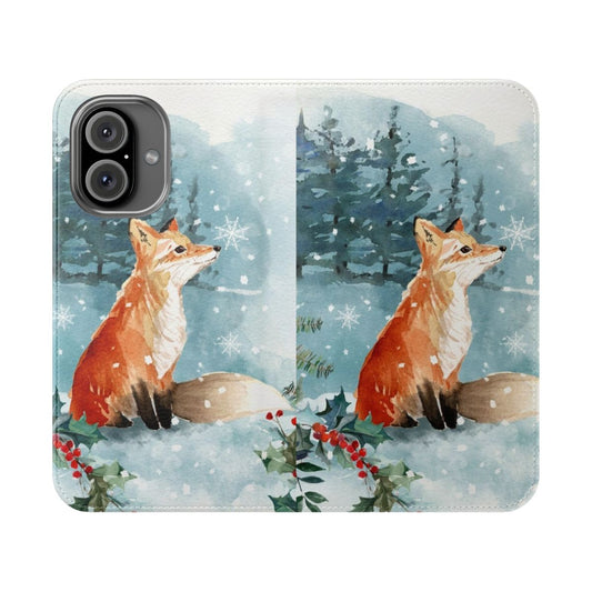 Whimsical watercolor illustration of a fox in the snowy forest, printed on a protective flip phone case.