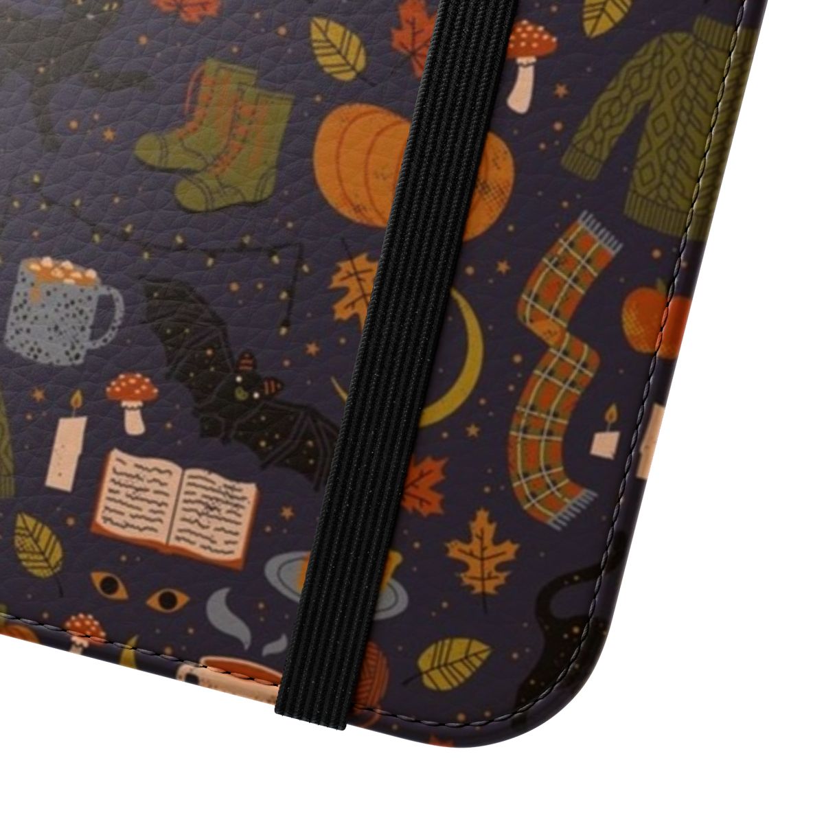 Cozy and spooky autumn nights phone case with fall foliage, pumpkins, and a black cat. - Close Up