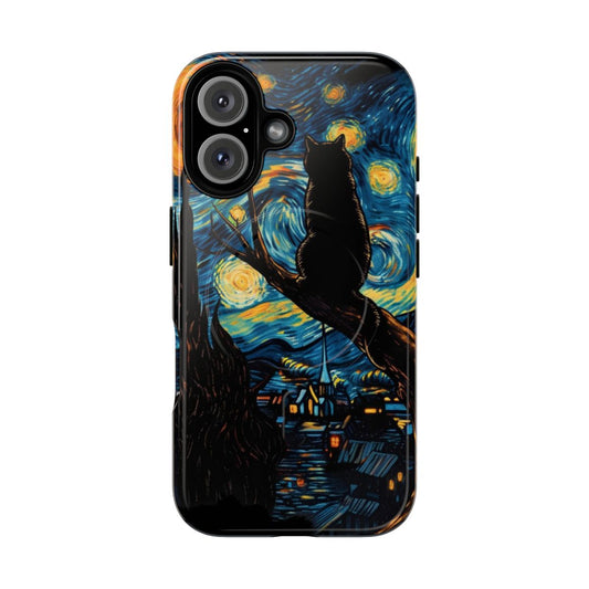 Magnetic tough phone case with a design inspired by Vincent Van Gogh's Starry Night and a black cat.