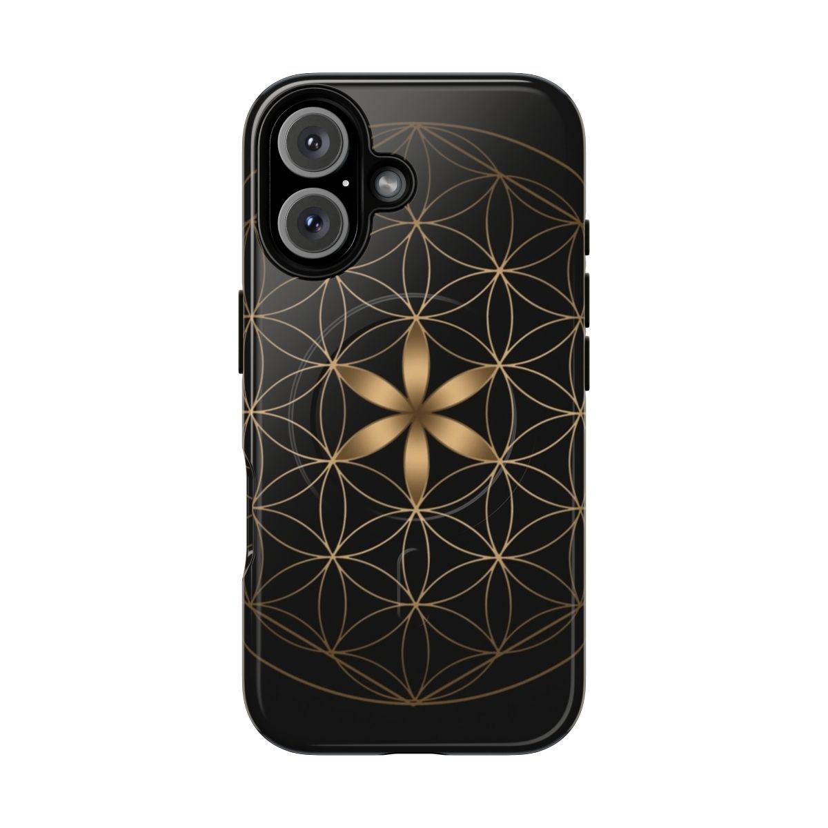 Flower of life design on a black and gold magnetic phone case