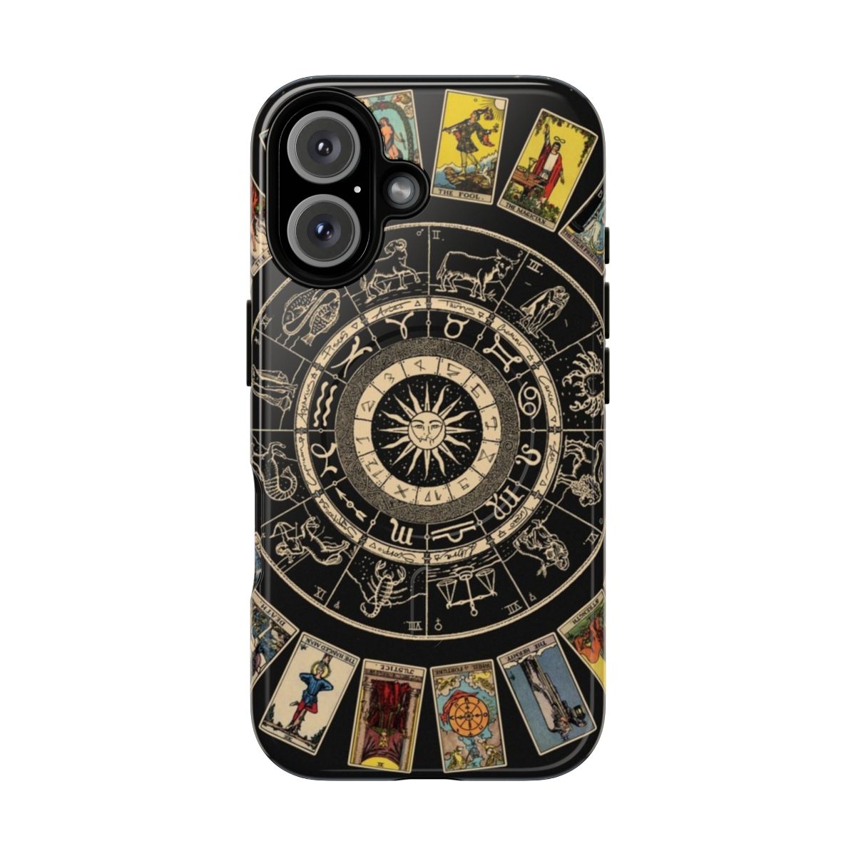 Astrological Tarot Magnetic Tough Phone Case featuring the Zodiac Wheel, Major Arcana, and Vintage Tarot Imagery