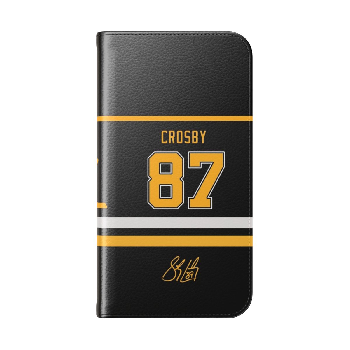 Pittsburgh Penguins-inspired flip phone case featuring hockey player Sidney Crosby's jersey number 87 - Folded Back