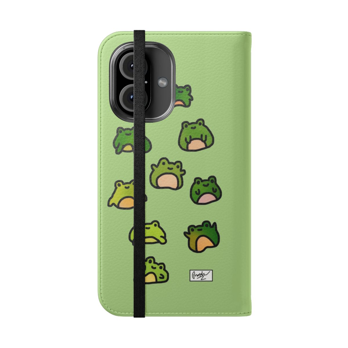 Artistic doodle illustration of a group of frogs on a flip phone case - Folded Front