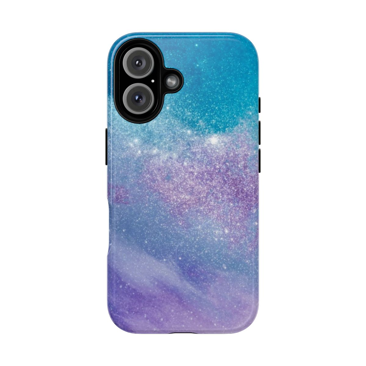 A vibrant purple and blue galaxy phone case with a magnetic back.