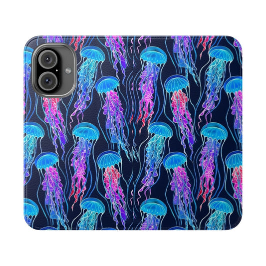 Luminous jellyfish pattern on a navy blue flip phone case