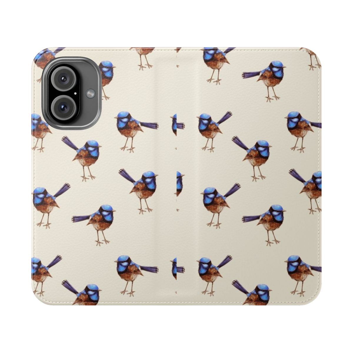 Watercolor illustration of a blue wren, a native Australian bird, on a crema-colored phone case