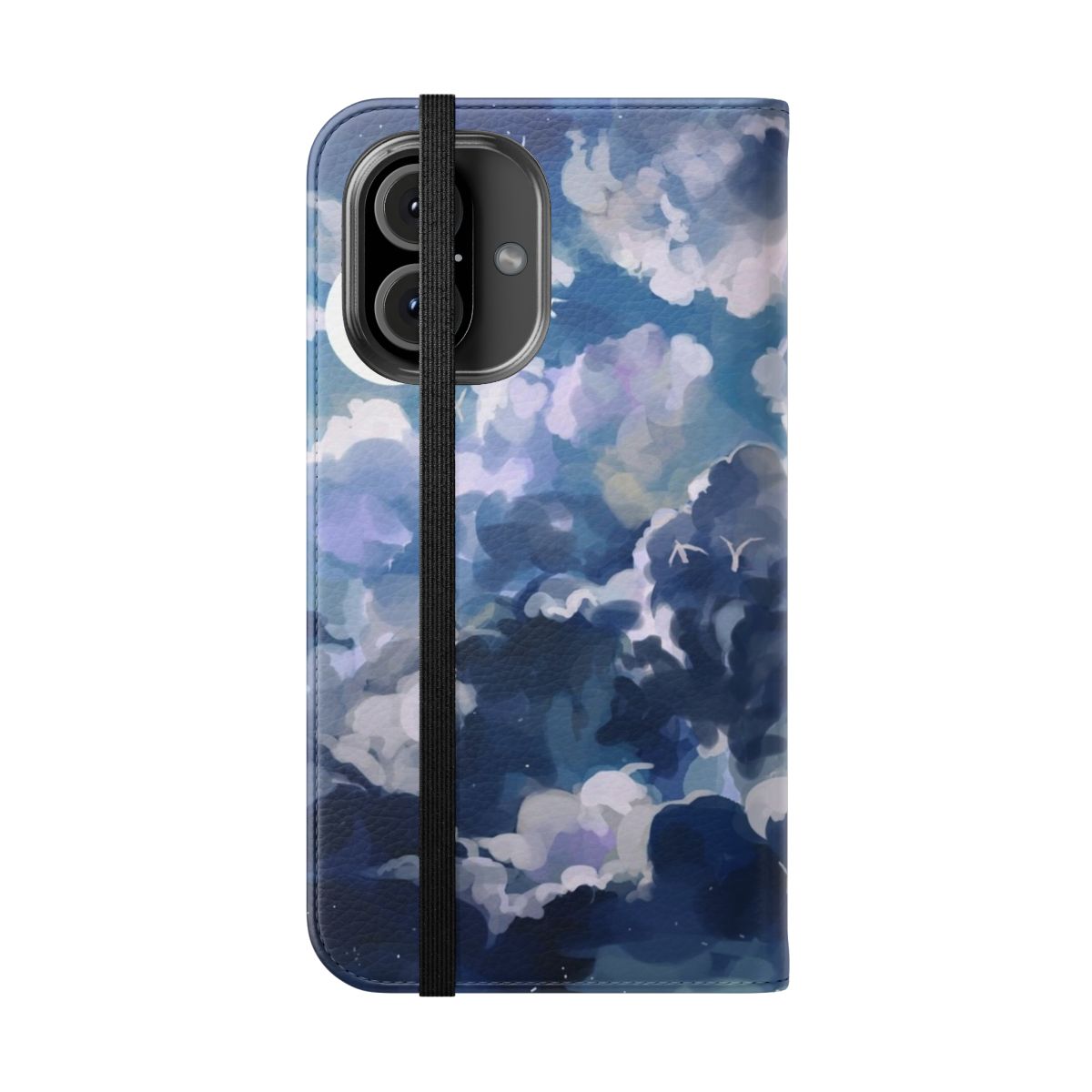 Flip cover phone case with a scenic landscape design featuring blue skies and clouds - Folded Front