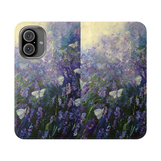 A phone case featuring a lavender and butterfly design in an impressionist style.