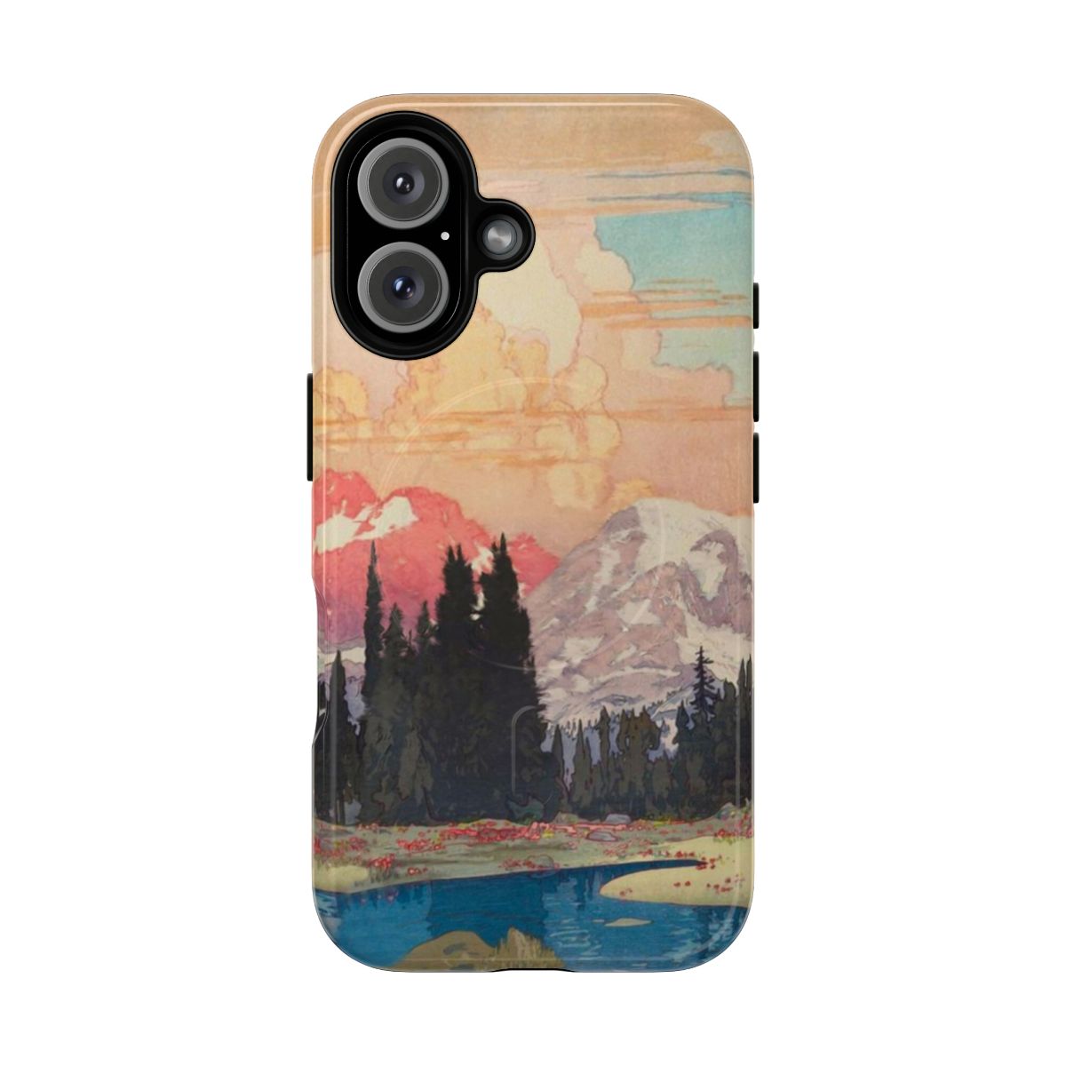 Breathtaking mountain landscape with snow, clouds, and sunset colors on a magnetic protective phone case