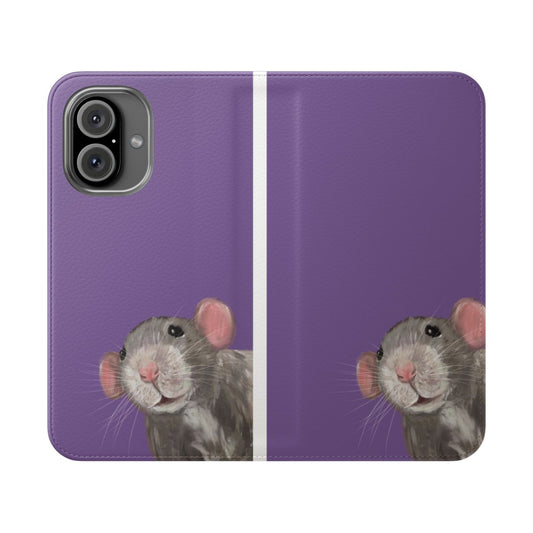 Purple flip cover phone case with a cute portrait of a pet rat or dumbo rat.