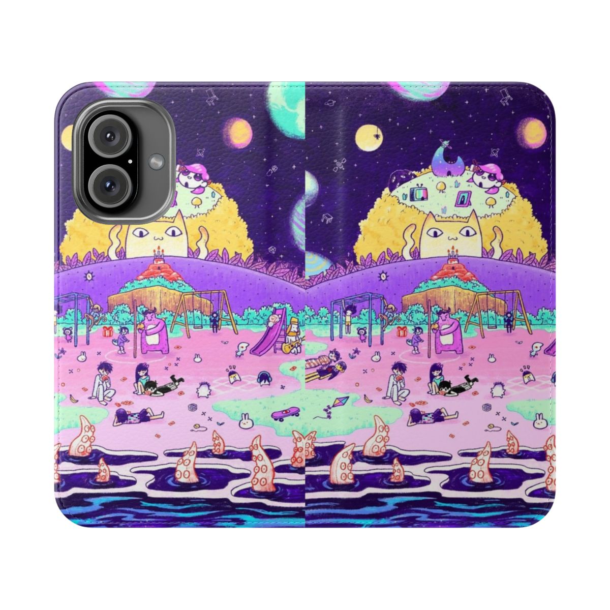 Vibrant flip cover phone case featuring Omori-inspired anime artwork with purple tentacles and a textured design.