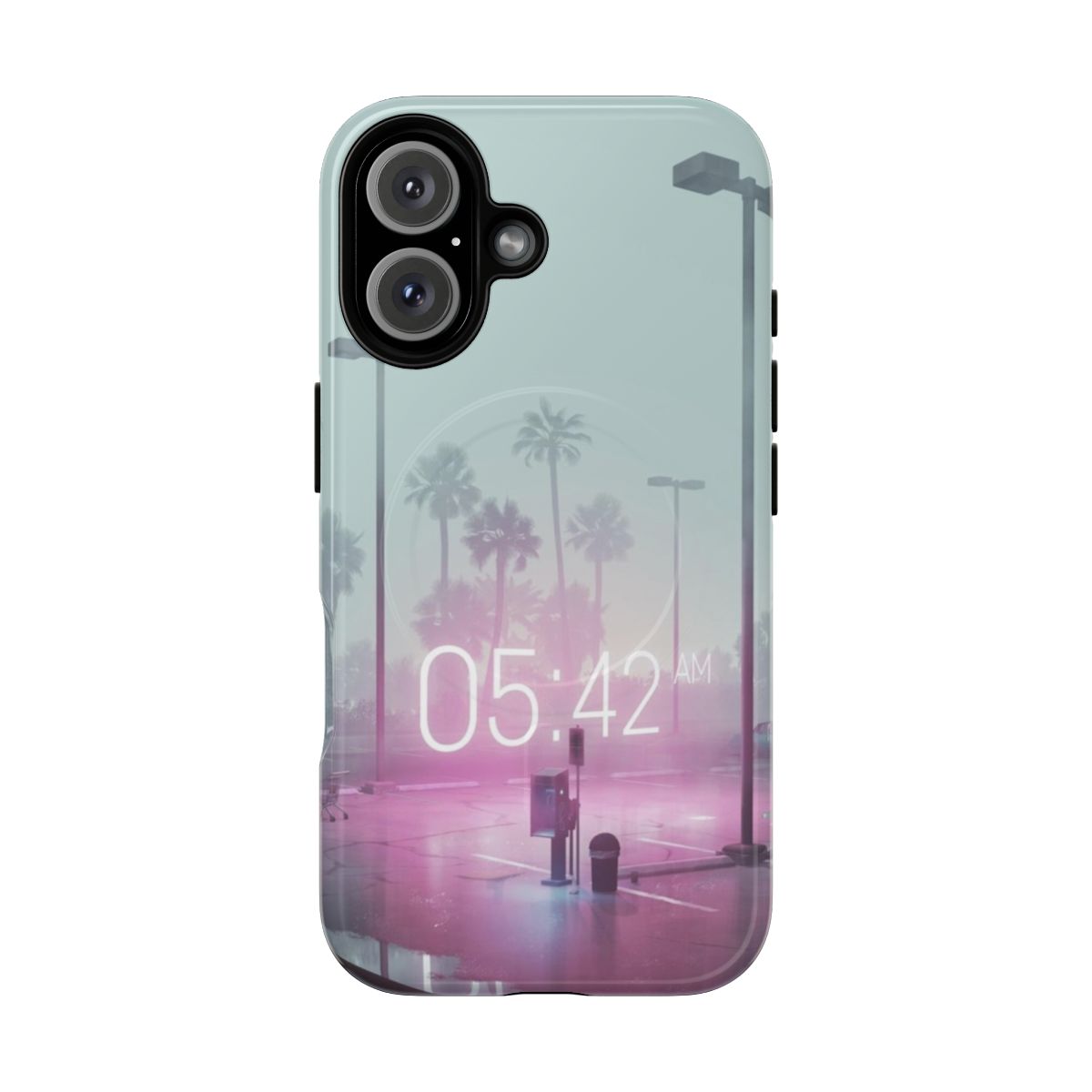 Sleek and stylish vaporwave-inspired phone case with neon lights, palm trees, and retro aesthetic