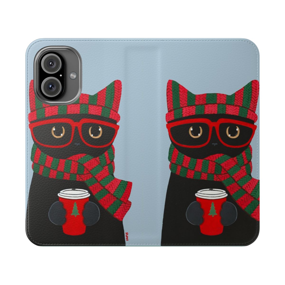 A stylish black cat holding a coffee mug printed on a flip cover phone case