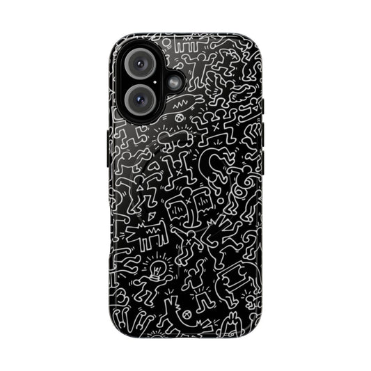 Vibrant black phone case with striking Keith Haring-inspired graphic design featuring playful, contemporary art elements.