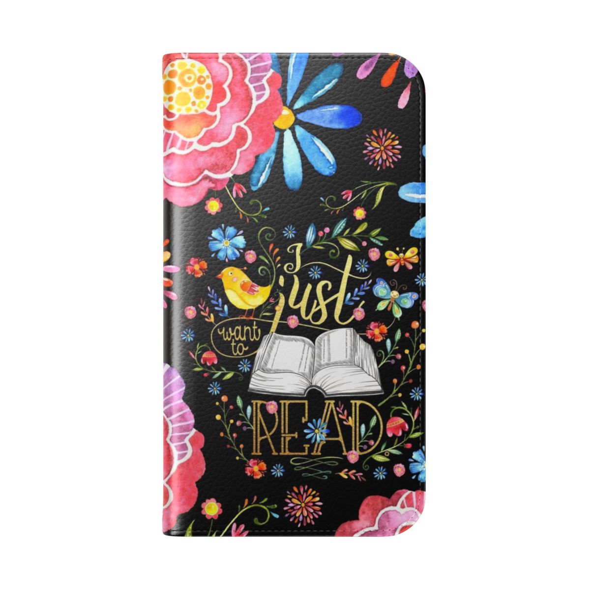 A stylish black floral flip cover phone case perfect for book lovers and reading enthusiasts. - Folded Back