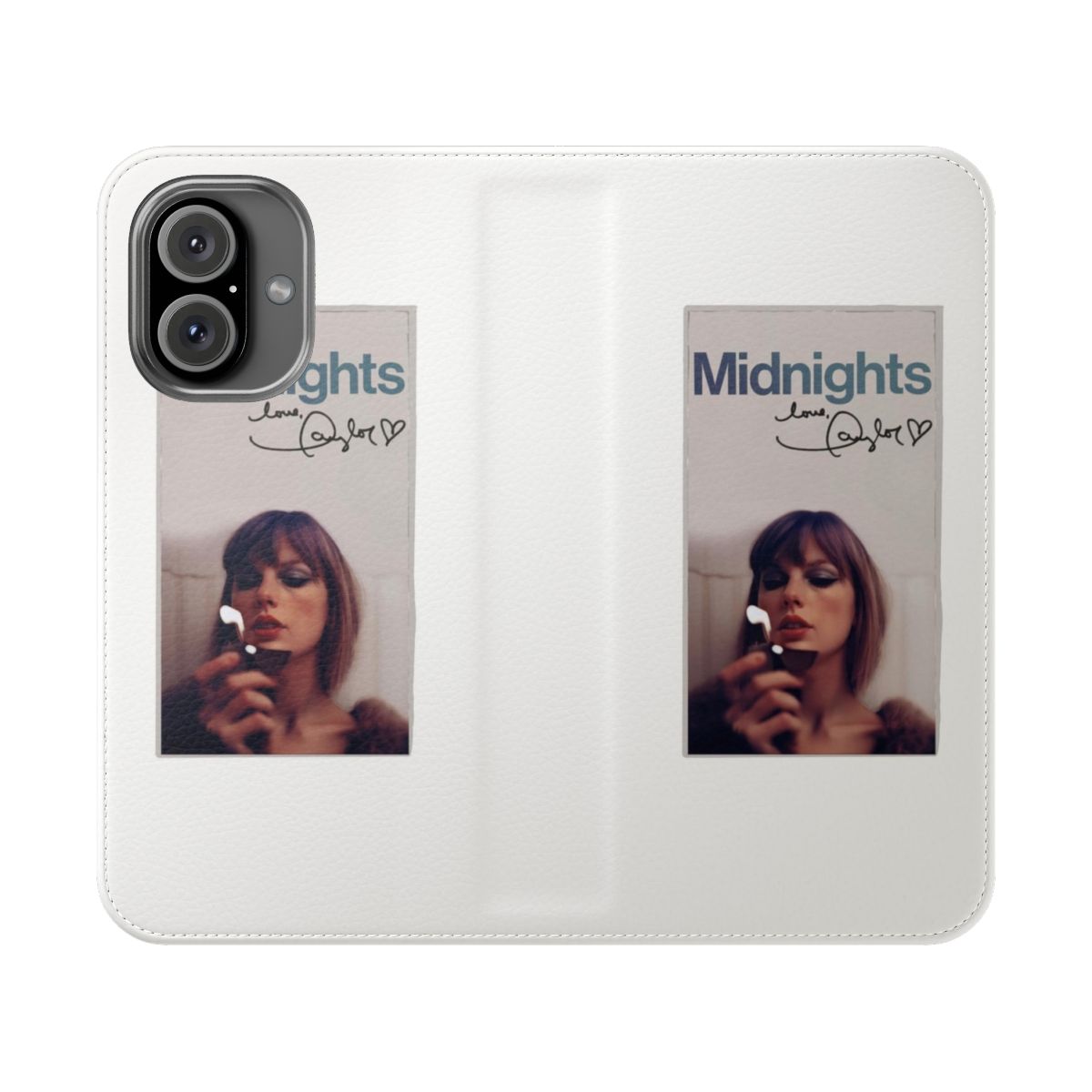 Midnight-themed flip cover phone case featuring Taylor Swift's latest album art