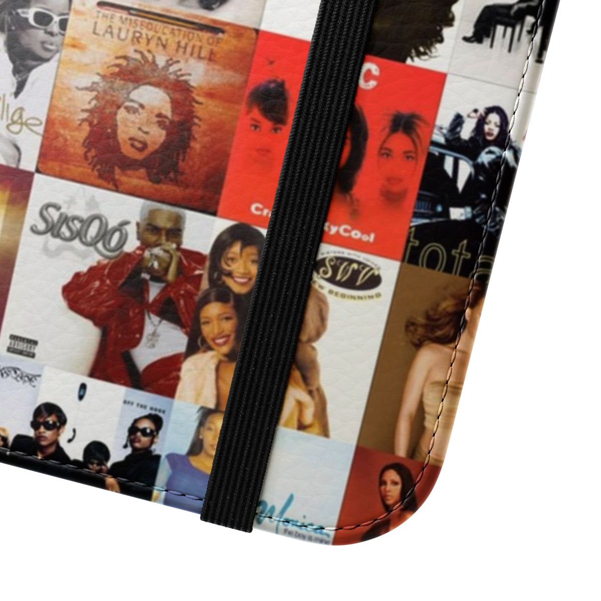 Retro-inspired flip cover phone case featuring a collage of 90s and 2000s R&B and hip hop artists. - Close Up