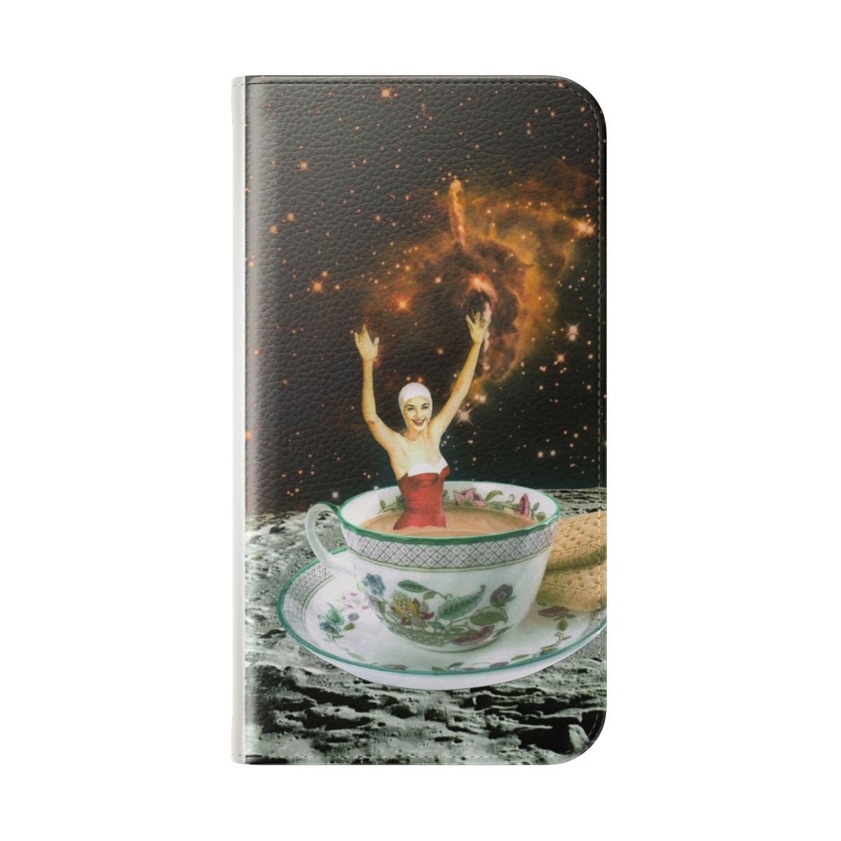 Vibrant collage art phone case featuring a galaxy, tea, and moon design - Folded Back