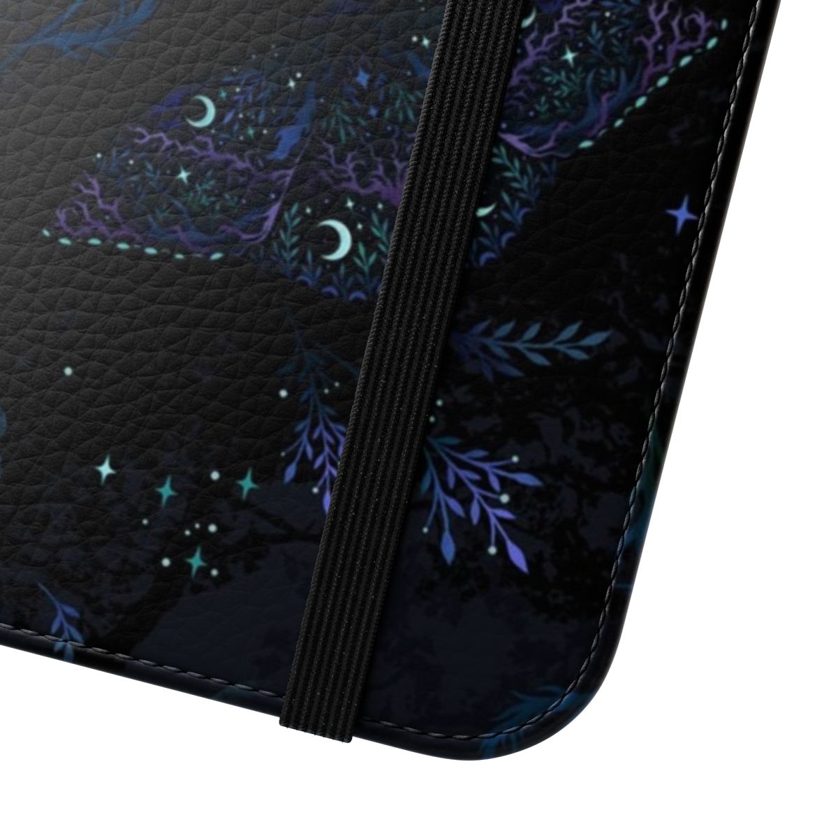 Black witch moth pattern flip cover phone case with floral and insect design - Close Up