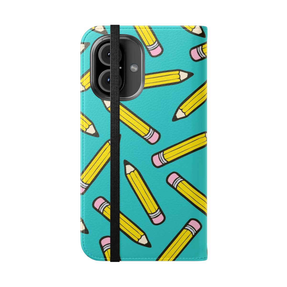 A vibrant, hand-drawn blue pattern phone case with a flip cover design. - Folded Front